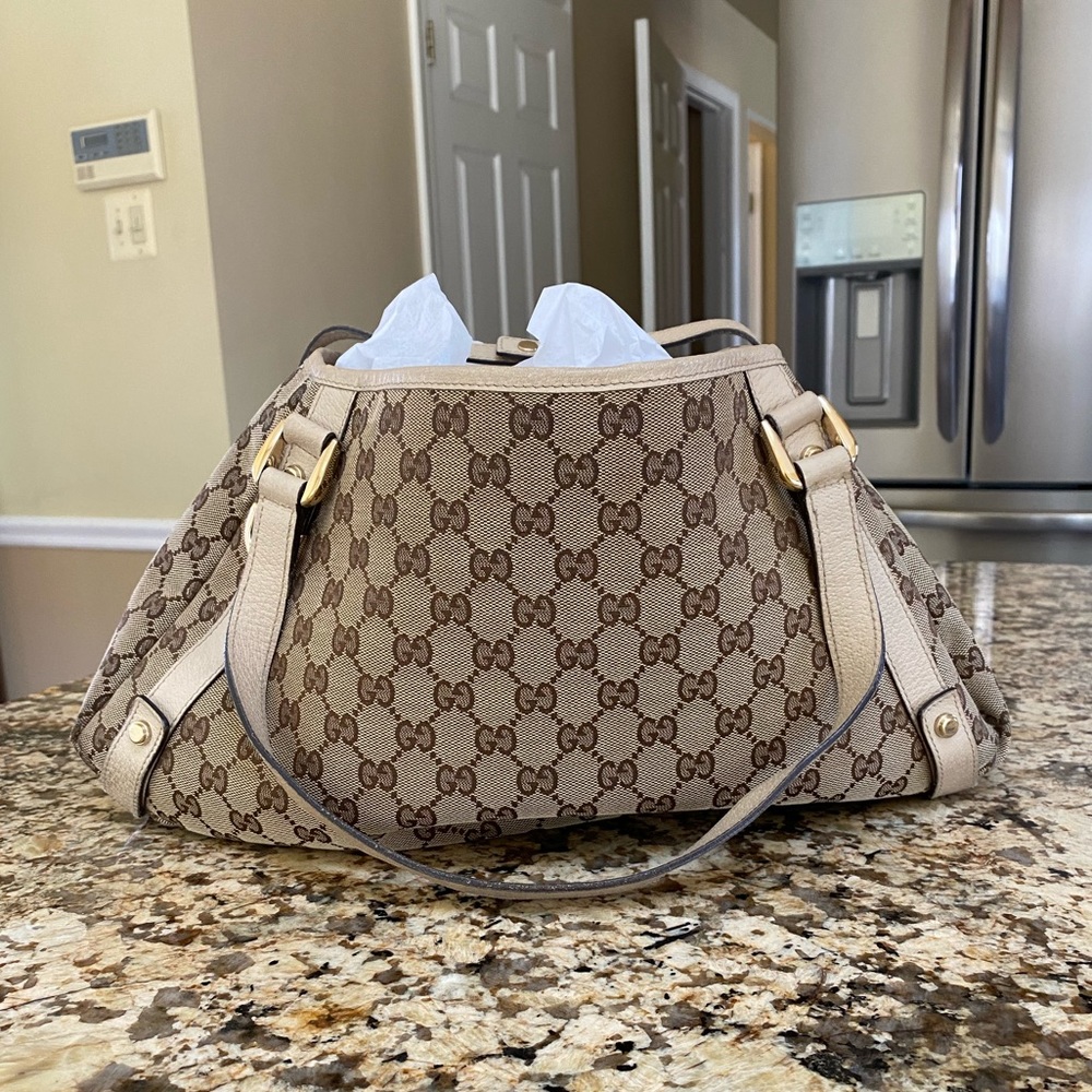 Gucci GG Monogram Abbey Bag Tote Beige Leather